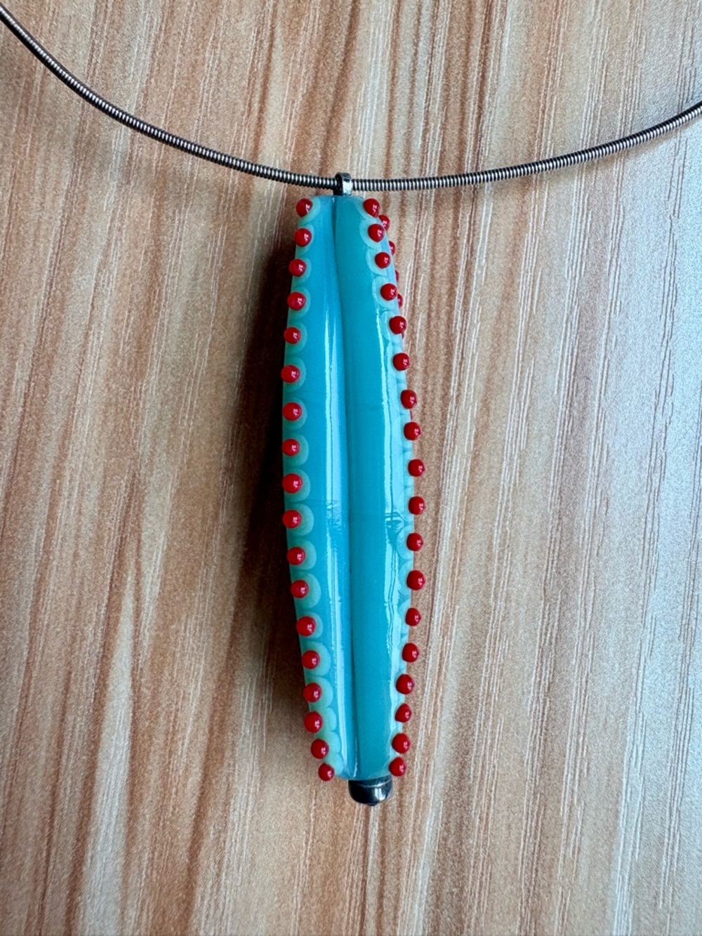 Unique Aqua and Red Hand blown Glass bead Pendant Necklace